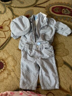 Striped Baby Suit with Matching Hat - Blue & White
